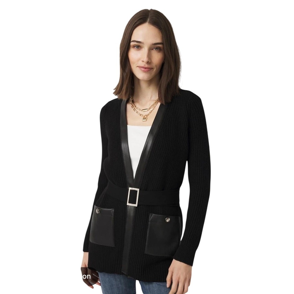 White House Black Market Long Belted Knit Cardigan Sweater Size M Pockets Chic